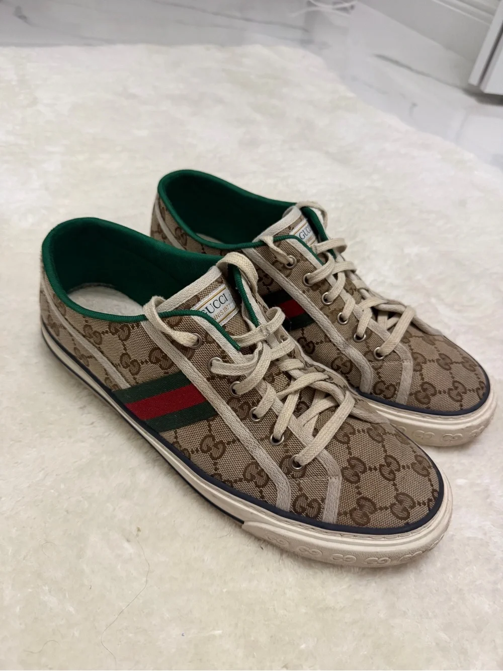 Gucci Beige Brown GG Canvas Sneakers with Green & Red Stripe
